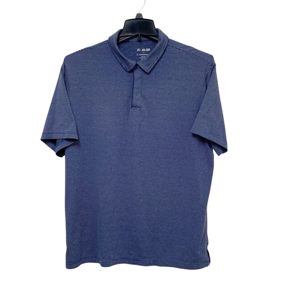 01.Algo Polo Mens XL Extra Large Blue Striped Golf Moisture Wicking UV SPF 40